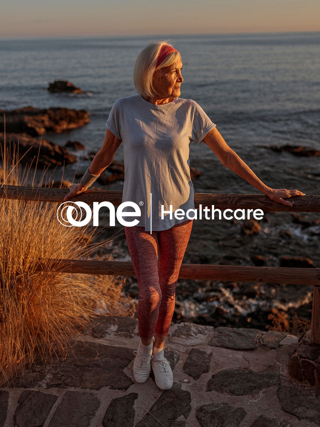 Healthcare logo design concept over a backdrop featuring a healthy senior woman by the sea.